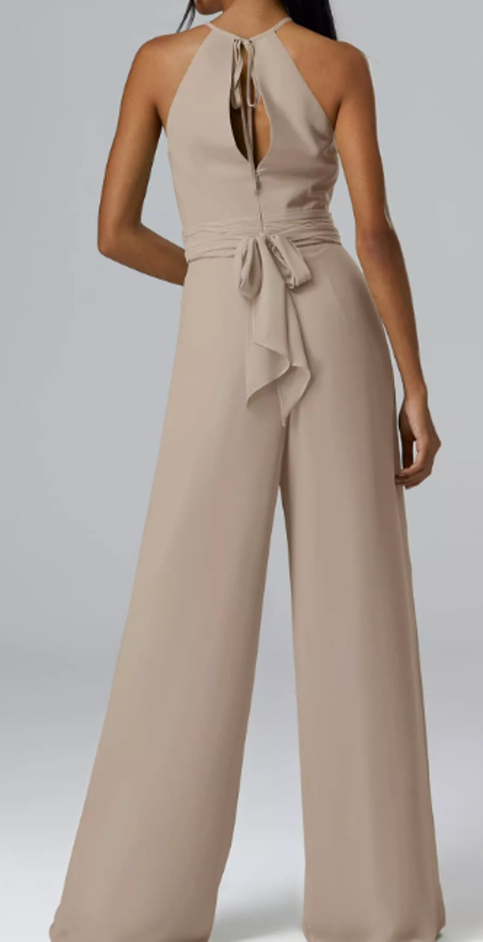 AW BRIDAL 4 S taupe chiffon Peggie halter keyhole wide leg jumpsuit NEW B37